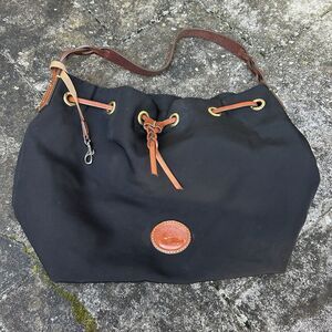 Dooney & Bourke Black Nylon Drawstring Shoulder Bag Bucket Purse Leather Trim